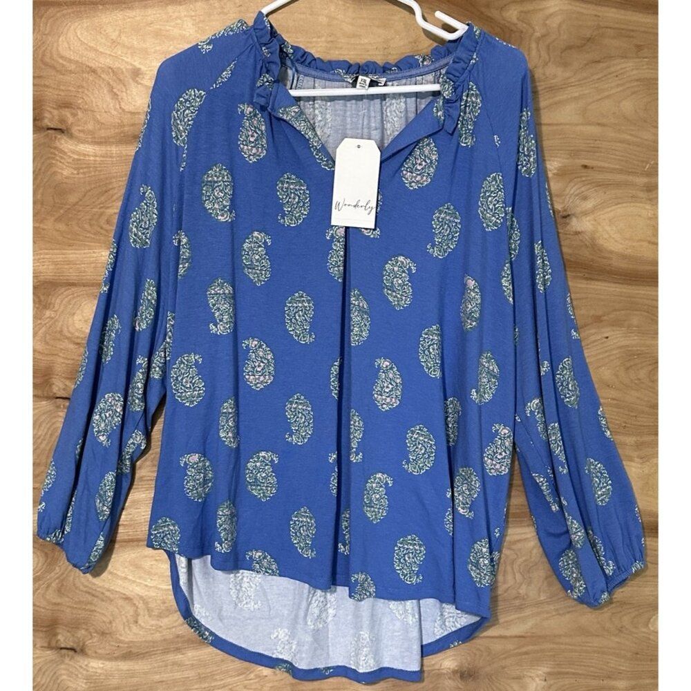 NWT Wonderly Woman 2XL peasant top blue paisley Long Sleeve